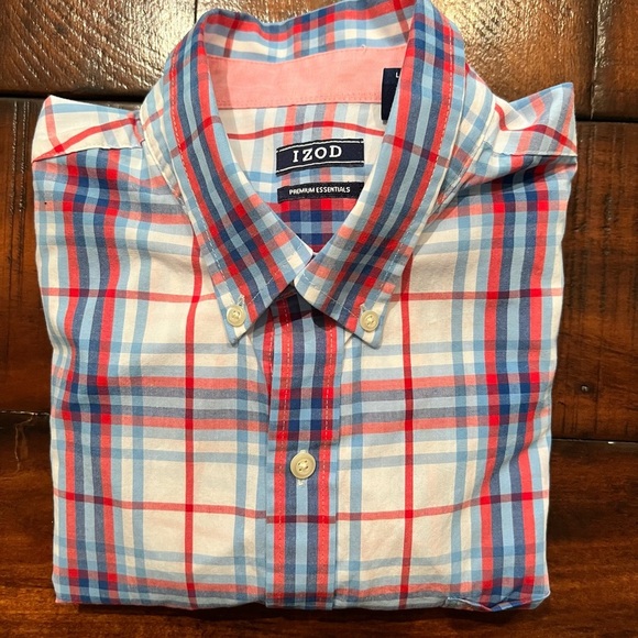 IZOD Blue and Red Casual Button Down Shirt - Picture 3 of 4